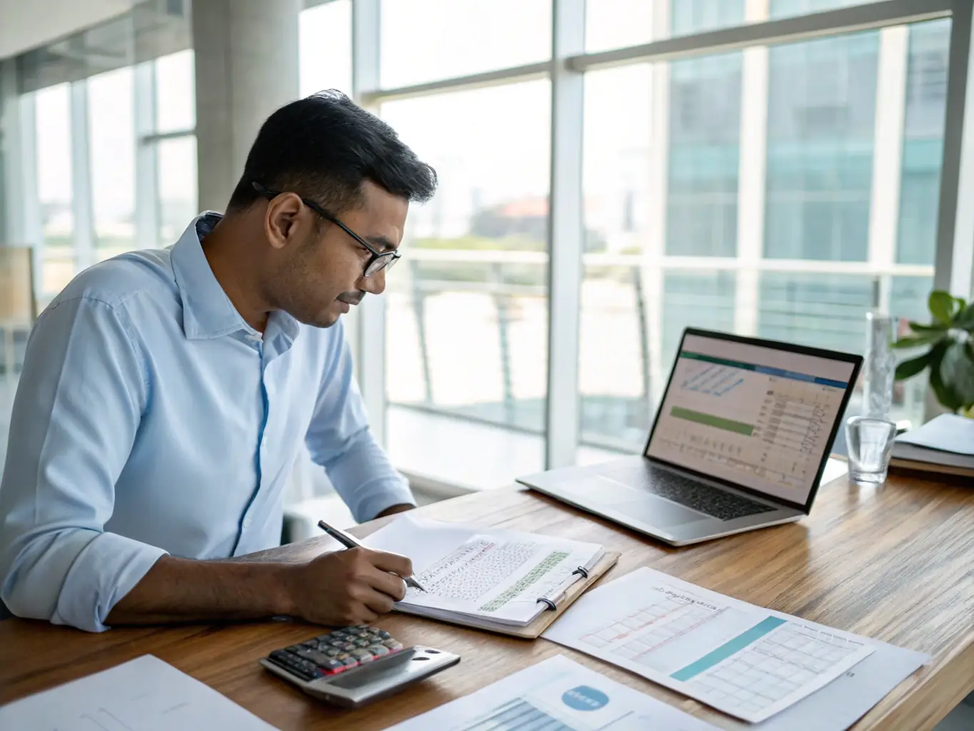 A seasoned CPA is analyzing financial data on a computer screen, showcasing their expertise and attention to detail. The background includes a well-organized office space.