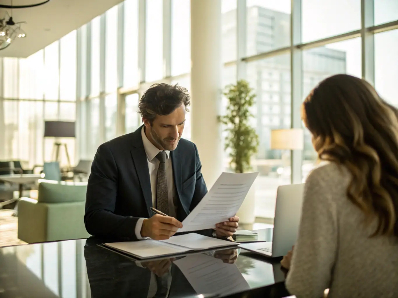 An image of a professional accountant reviewing tax documents with a client, with tax forms and calculator on the desk, symbolizing tax preparation and planning services.