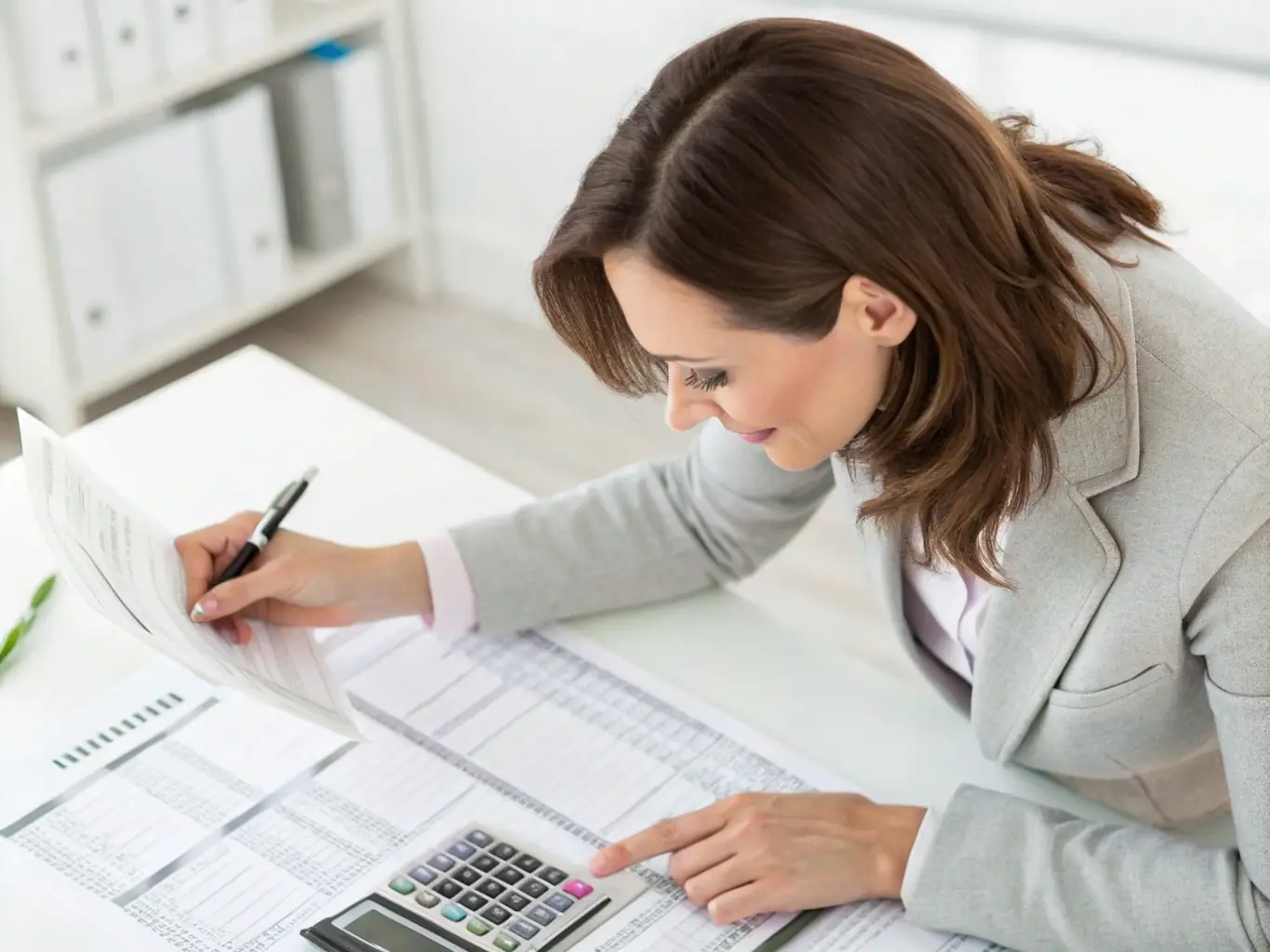 A CPA professional working diligently on tax forms at a modern office desk, surrounded by financial documents and a calculator, symbolizing tax preparation services.