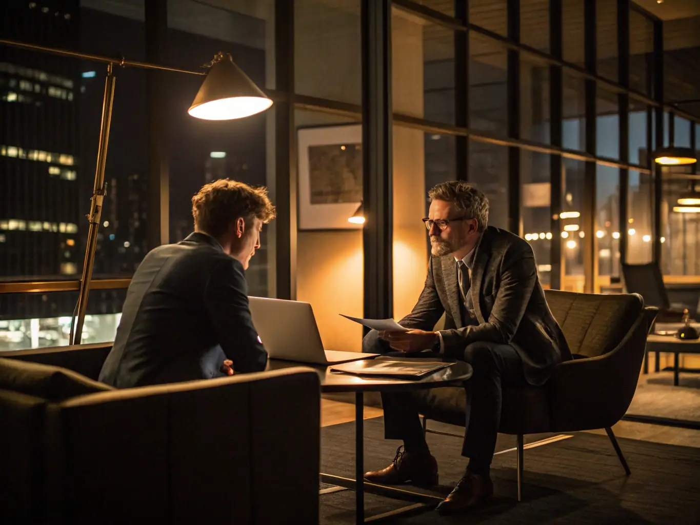 A consultant advising a business owner in a bright, modern office, discussing financial growth strategies and investment opportunities.