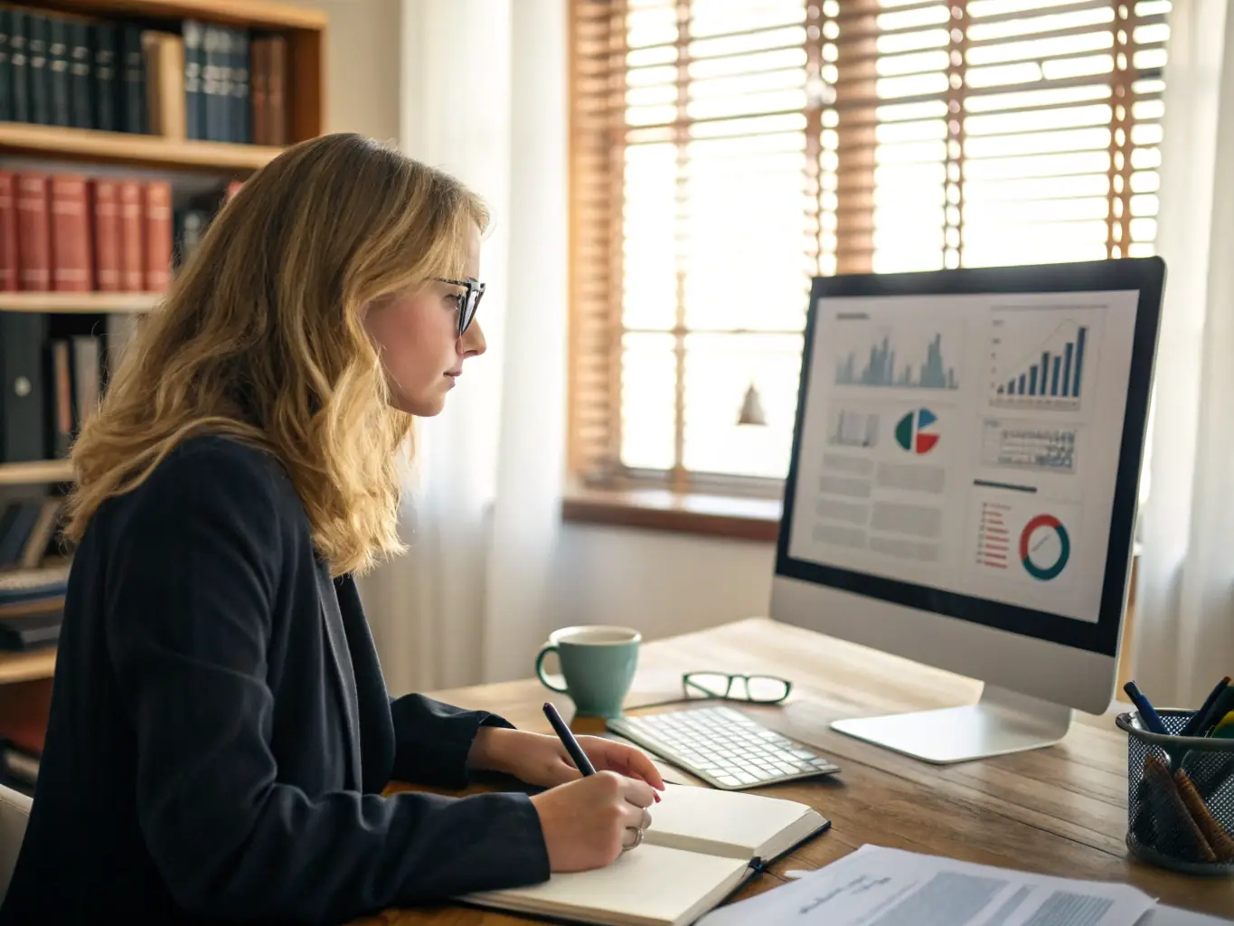 An image of a bookkeeper working on a computer with financial spreadsheets displayed, representing bookkeeping and financial recordkeeping services.